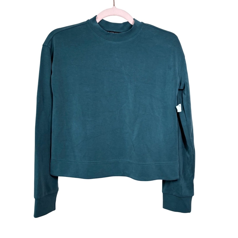 Athleta Women Teal Green Mock Neck Cropped Sweatshirt Long Sleeve Top Size S